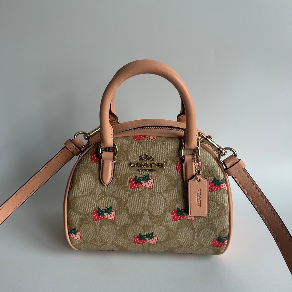 Coach Sydney Satchel Khaki Strawberry Signature Canvas Leather Bag CB596